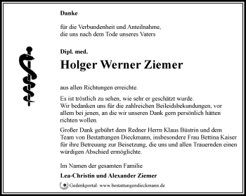 Traueranzeige von Holger Werner Ziemer von Märkische Oderzeitung