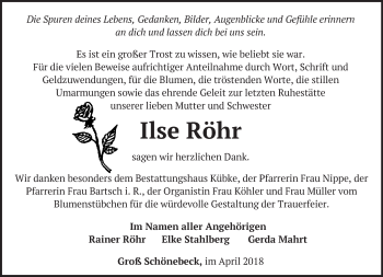 Traueranzeige von Ilse Röhr von Märkische Oderzeitung