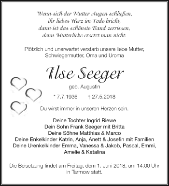 Traueranzeige von Ilse Seeger von Märkische Oderzeitung