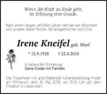 Traueranzeige von Irene Kneifel von Märkische Oderzeitung