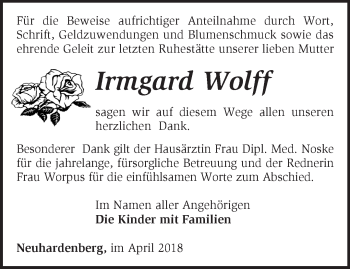 Traueranzeige von Irmgard Wolff von Märkische Oderzeitung