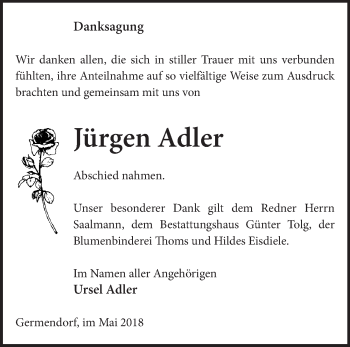 Traueranzeige von Jürgen Adler von Märkische Oderzeitung