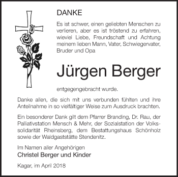 Traueranzeige von Jürgen Berger von Märkische Oderzeitung