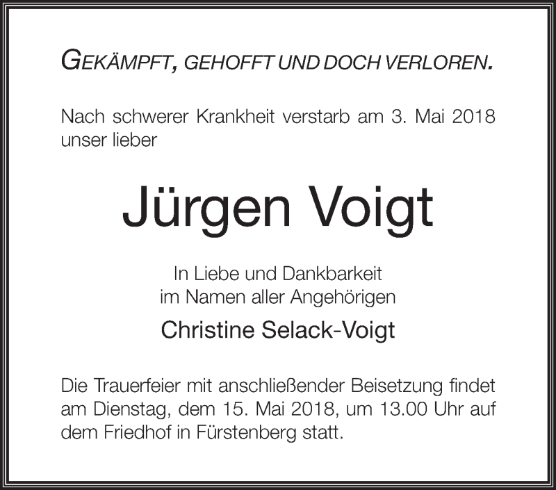  Traueranzeige für Jürgen Voigt vom 09.05.2018 aus Märkische Oderzeitung