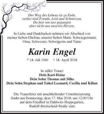 Traueranzeige von Karin Engel von Märkische Oderzeitung