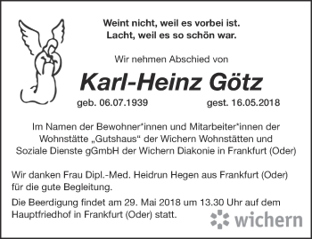 Traueranzeige von Karl-Heinz Götz von Märkische Oderzeitung