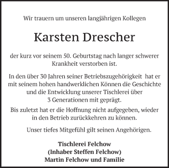 Traueranzeige von Karsten Drescher von Märkische Oderzeitung