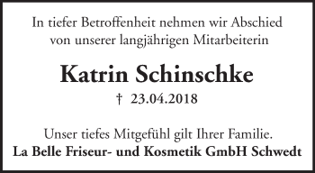 Traueranzeige von Katrin Schinschke von Märkische Oderzeitung