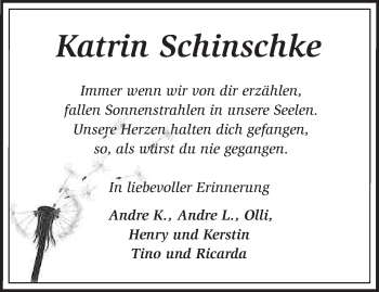 Traueranzeige von Katrin Schinschke von Märkische Oderzeitung