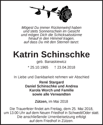 Traueranzeige von Katrin Schinschke von Märkische Oderzeitung