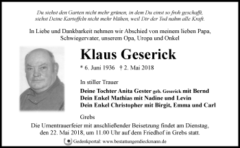 Traueranzeige von Klaus Geserick von Märkische Oderzeitung