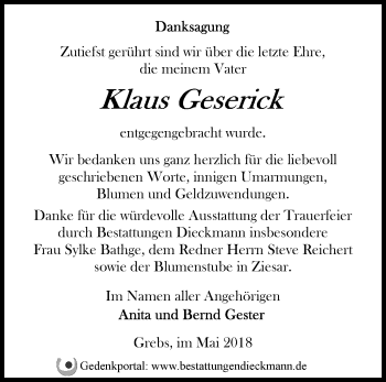 Traueranzeige von Klaus Geserick von Märkische Oderzeitung