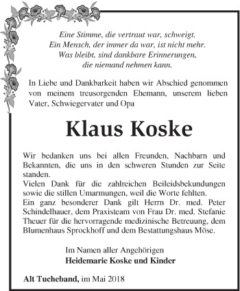 Traueranzeige von Klaus Koske von Märkische Oderzeitung