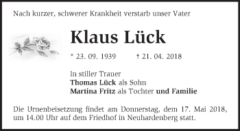 Traueranzeige von Klaus Lück von Märkische Oderzeitung