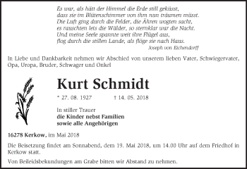 Traueranzeige von Kurt Schmidt von Märkische Oderzeitung