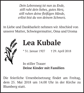 Traueranzeige von Lea Kuhale von Märkische Oderzeitung