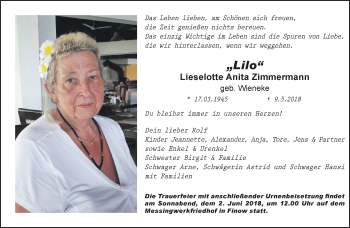 Traueranzeige von Lieselotte Anita Zimmermann von Märkische Oderzeitung