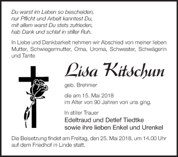 Traueranzeige von Lisa Kitschun von Märkische Oderzeitung