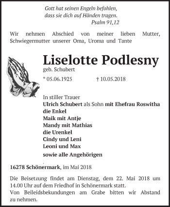 Traueranzeige von Liselotte Podlesny von Märkische Oderzeitung