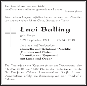 Traueranzeige von Luci Balling von Märkische Oderzeitung