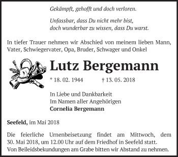 Traueranzeige von Lutz Bergemann von Märkische Oderzeitung