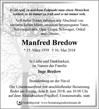 Traueranzeige von Manfred Bredow von Märkische Oderzeitung