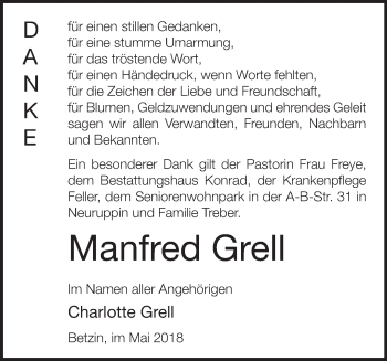 Traueranzeige von Manfred Grell von Märkische Oderzeitung