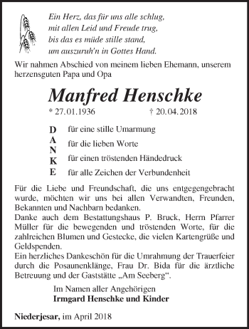 Traueranzeige von Manfred Henschke von Märkische Oderzeitung