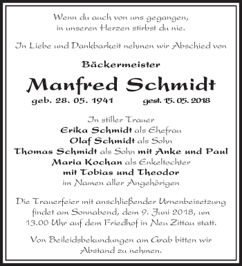 Traueranzeige von Manfred Schmidt von Märkische Oderzeitung