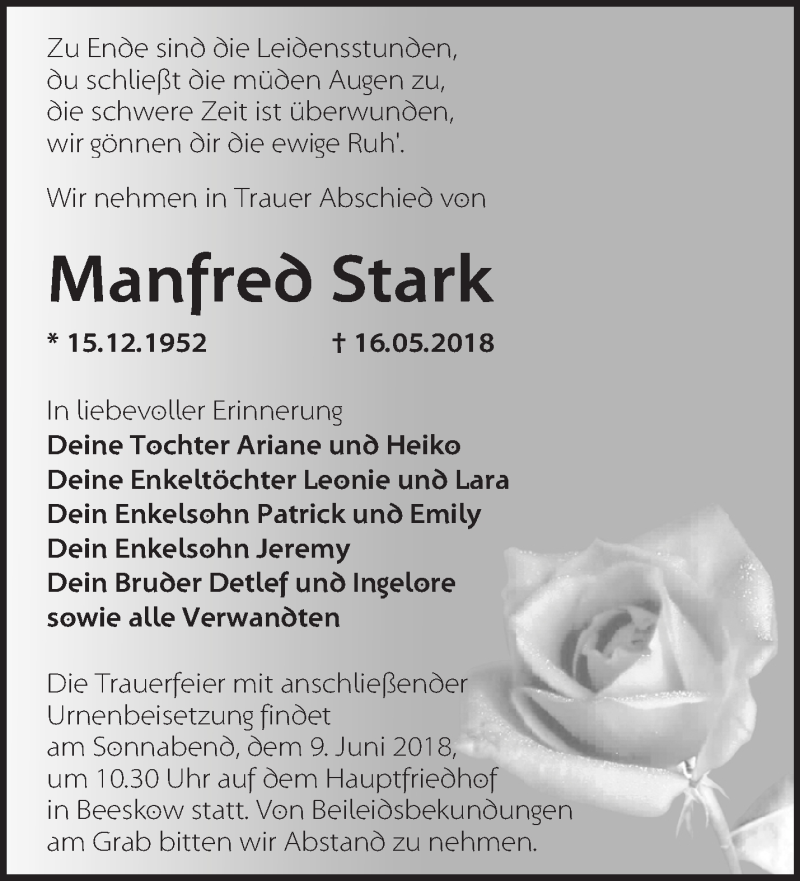  Traueranzeige für Manfred Stark vom 27.05.2018 aus Märkische Oderzeitung