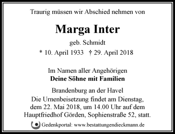 Traueranzeige von Marga Inter von Märkische Oderzeitung