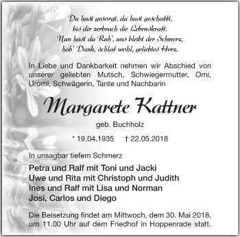 Traueranzeige von Margarete Kattner von Märkische Oderzeitung