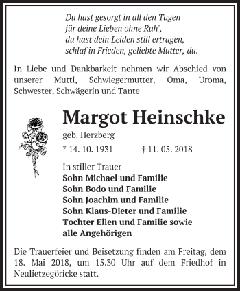 Traueranzeige von Margot Heinschke von Märkische Oderzeitung