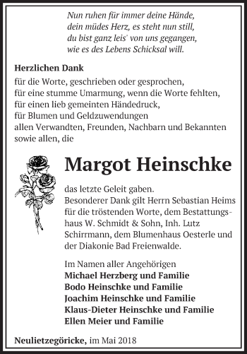 Traueranzeige von Margot Heinschke von Märkische Oderzeitung