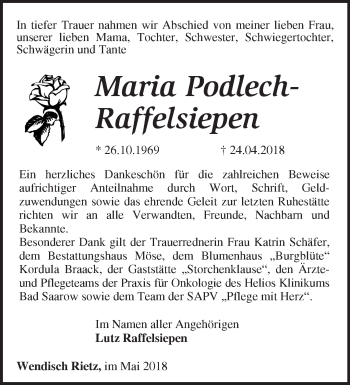 Traueranzeige von Maria Podlech-Raffelsiepen von Märkische Oderzeitung