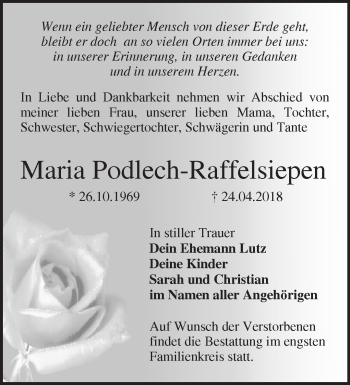 Traueranzeige von Maria Podlech-Raffelsiepen von Märkische Oderzeitung