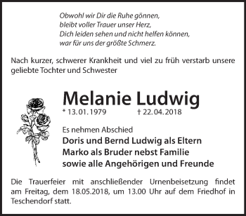 Traueranzeige von Melanie Ludwig von Märkische Oderzeitung