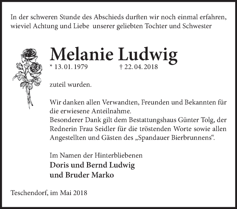  Traueranzeige für Melanie Ludwig vom 26.05.2018 aus Märkische Oderzeitung