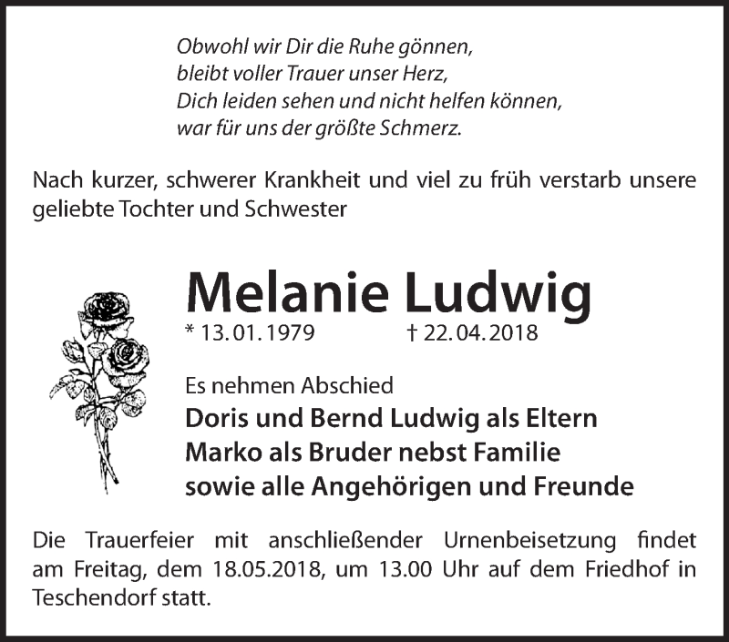  Traueranzeige für Melanie Ludwig vom 12.05.2018 aus Märkische Oderzeitung