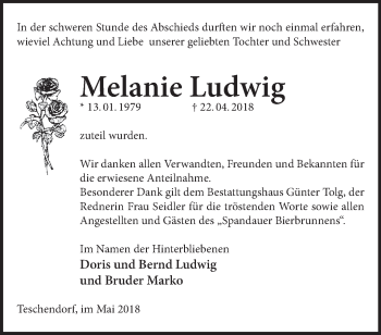 Traueranzeige von Melanie Ludwig von Märkische Oderzeitung