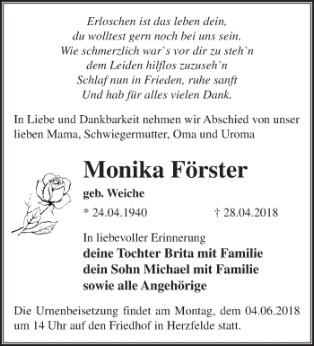 Traueranzeige von Monika Förster von Märkische Oderzeitung