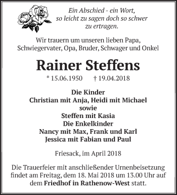 Traueranzeige von Rainer Steffens von Märkische Oderzeitung