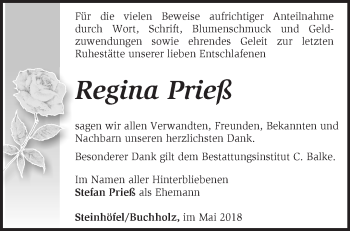 Traueranzeige von Regina Prieß von Märkische Oderzeitung