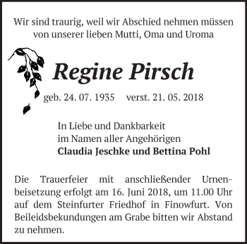 Traueranzeige von Regine Pirsch von Märkische Oderzeitung