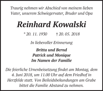 Traueranzeige von Reinhard Kowalski von Märkische Oderzeitung