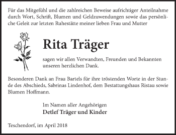 Traueranzeige von Rita Träger von Märkische Oderzeitung