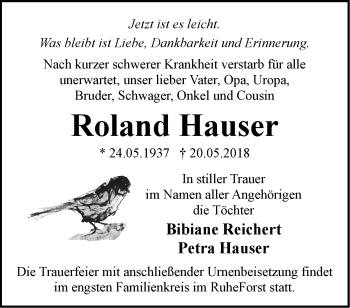 Traueranzeige von Roland Hauser von Märkische Oderzeitung