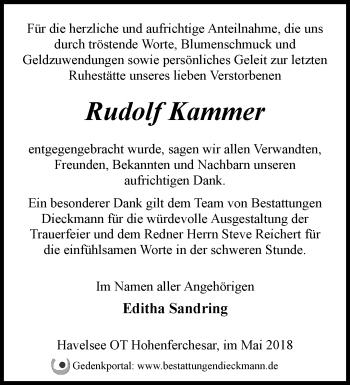 Traueranzeige von Rudolf Kammer von Märkische Oderzeitung