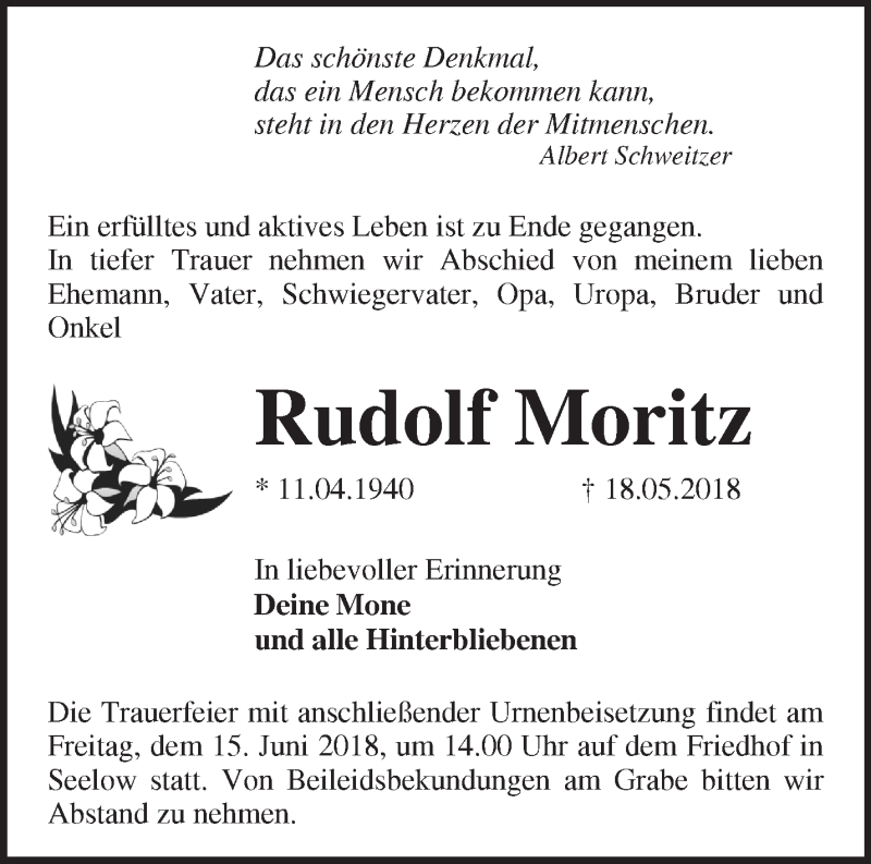  Traueranzeige für Rudolf Moritz vom 25.05.2018 aus Märkische Oderzeitung