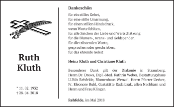 Traueranzeige von Ruth Kluth von Märkische Oderzeitung